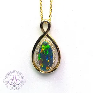 14kt Yellow Gold Infinity design Black Opal pear shape and diamond halo pendant