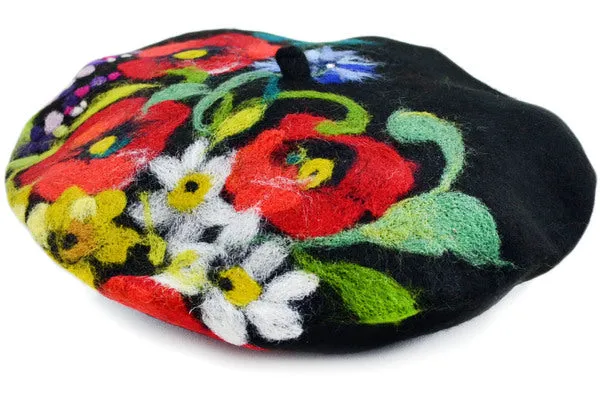 11" Handmade Needle Felted Wool Beret Hat - Poppies