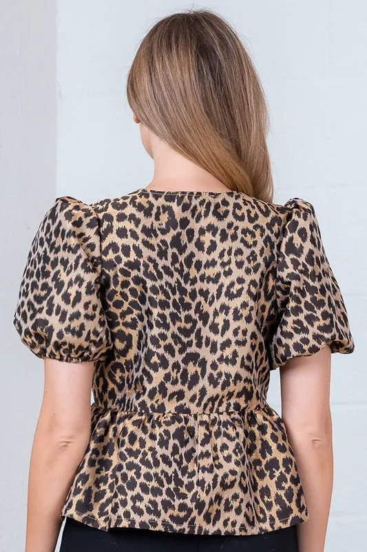 Arlene Short Puff Sleeve Leopard Print Bow Tie Peplum Top Brown