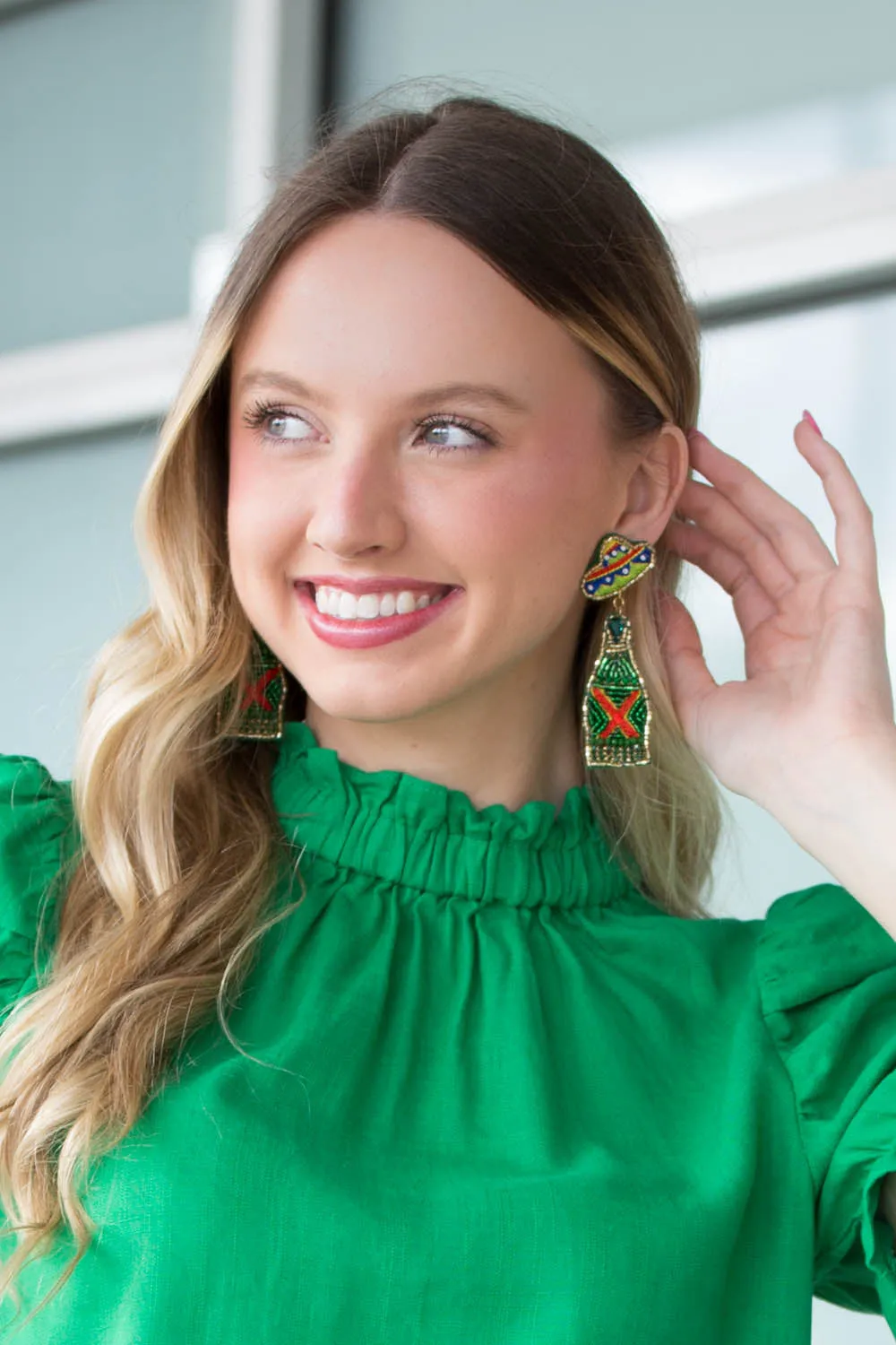 Beaded Sombrero & Bottle Earrings-Green