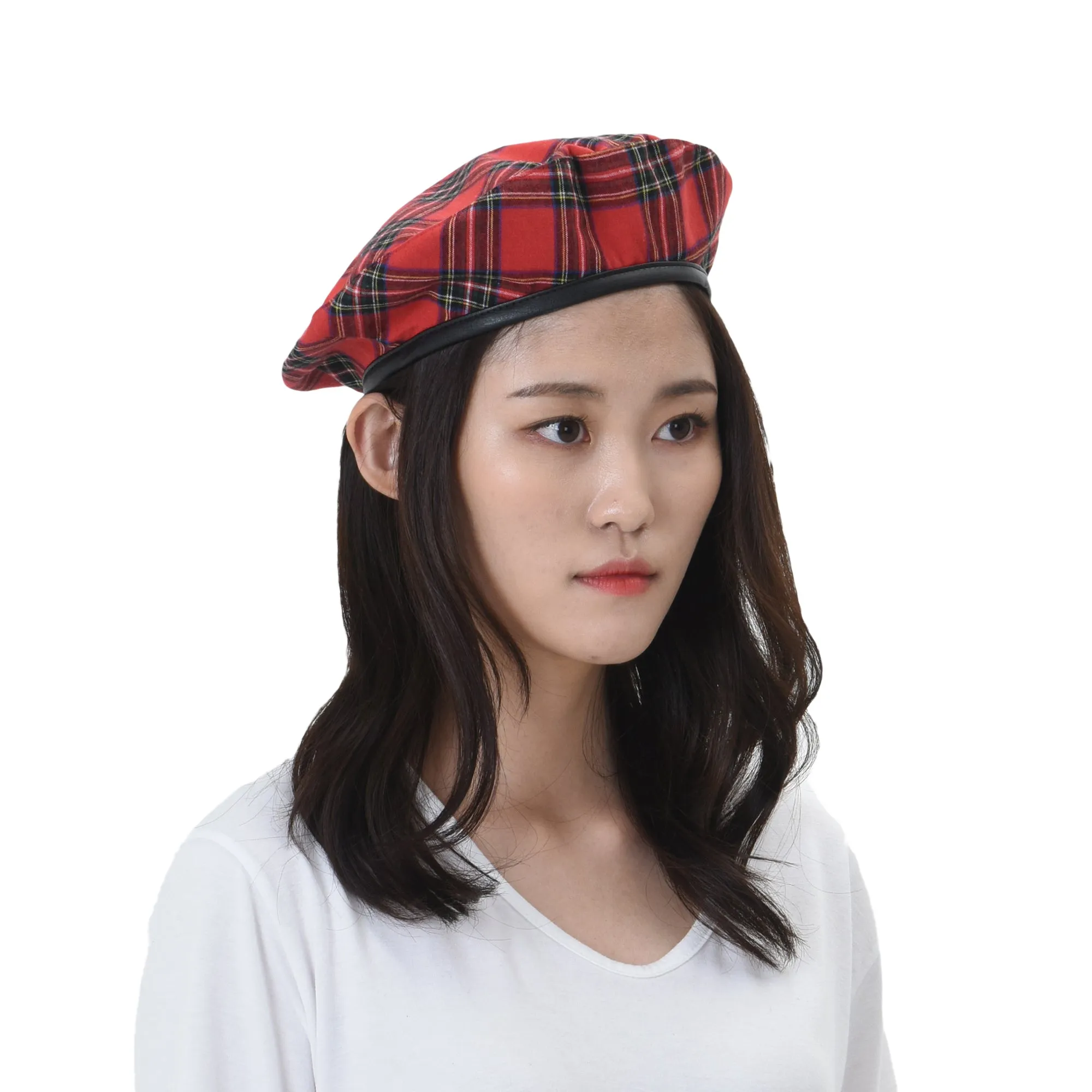 Beret Hat Tartan Check Fabric Leather Sweatband MUF1163