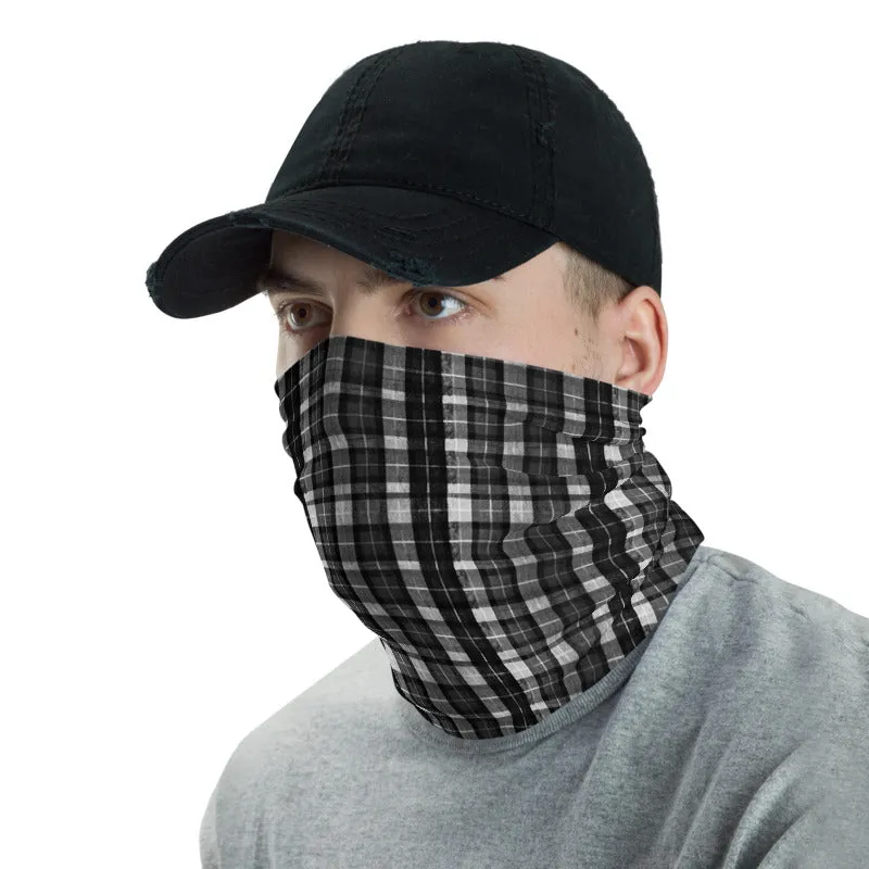 Black Plaid Print Face Mask Shield, Best Headband Bandana Wristband-Made in USA/EU