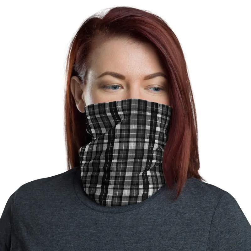 Black Plaid Print Face Mask Shield, Best Headband Bandana Wristband-Made in USA/EU