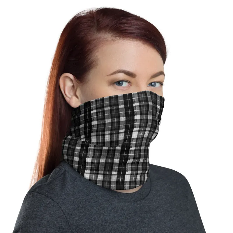 Black Plaid Print Face Mask Shield, Best Headband Bandana Wristband-Made in USA/EU