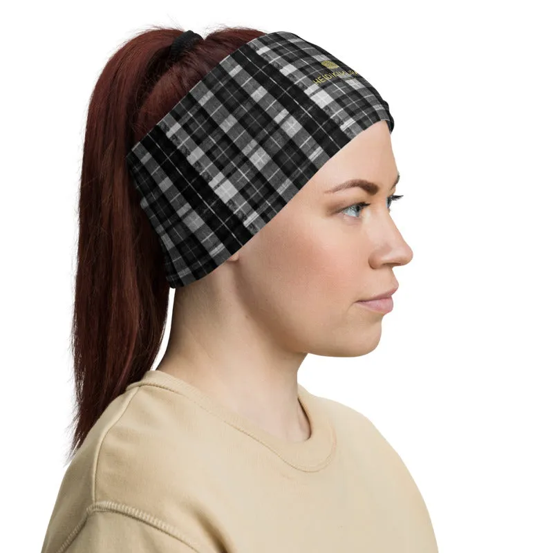 Black Plaid Print Face Mask Shield, Best Headband Bandana Wristband-Made in USA/EU