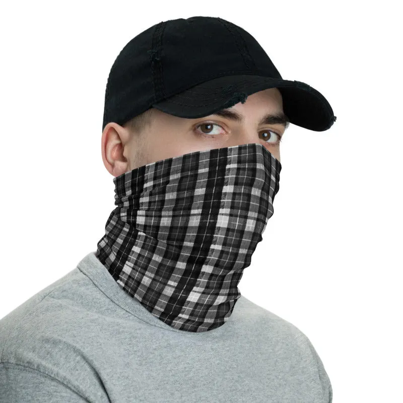 Black Plaid Print Face Mask Shield, Best Headband Bandana Wristband-Made in USA/EU