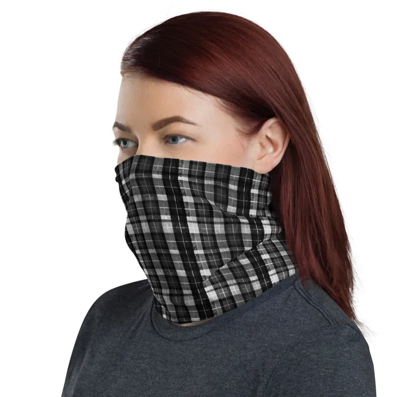 Black Plaid Print Face Mask Shield, Best Headband Bandana Wristband-Made in USA/EU