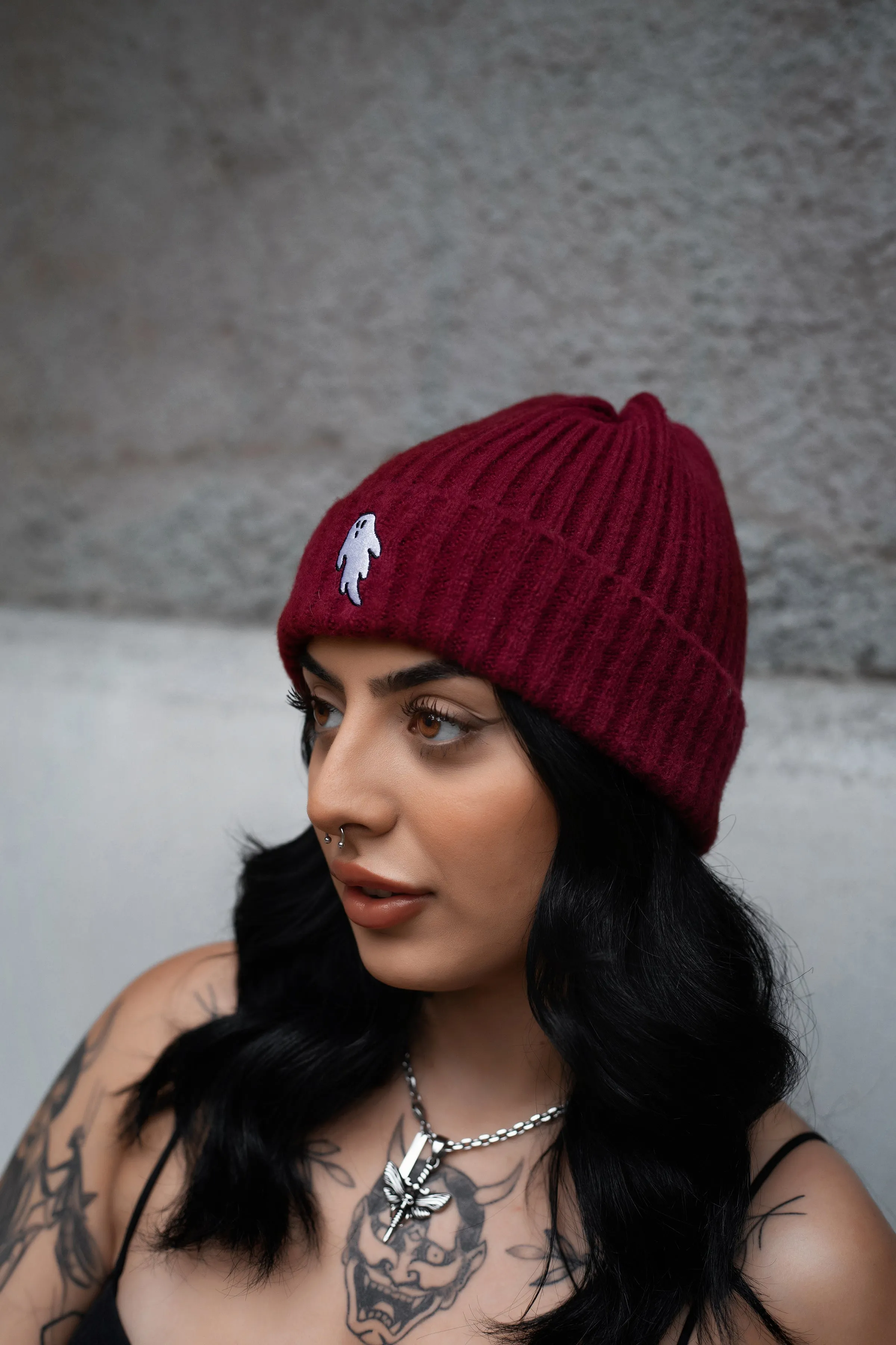 Cinnamon Red | Ghostie Embroidered & Reversible Knit Beanie