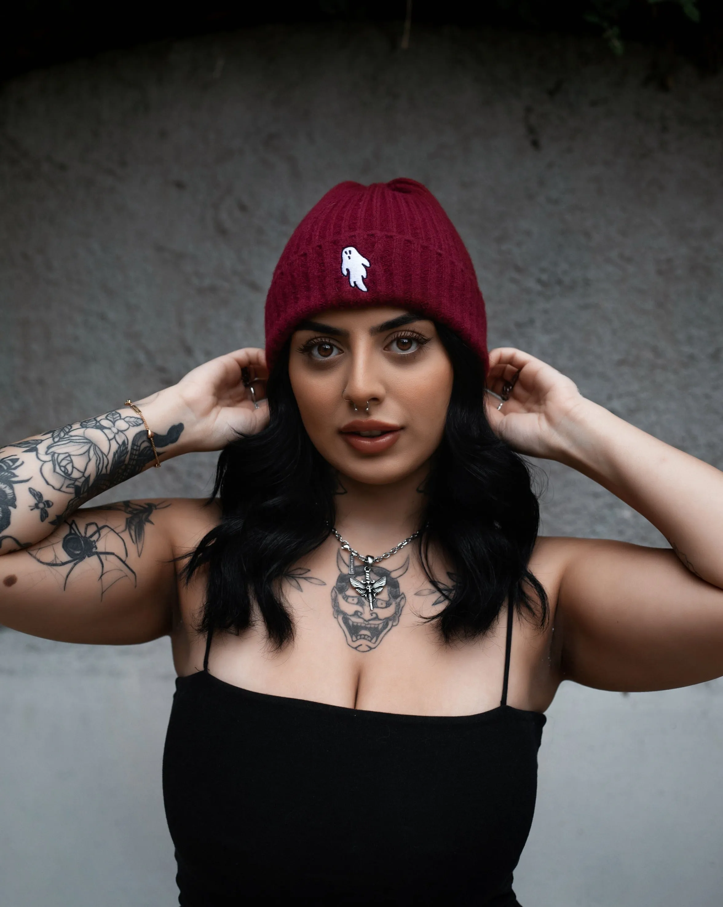 Cinnamon Red | Ghostie Embroidered & Reversible Knit Beanie