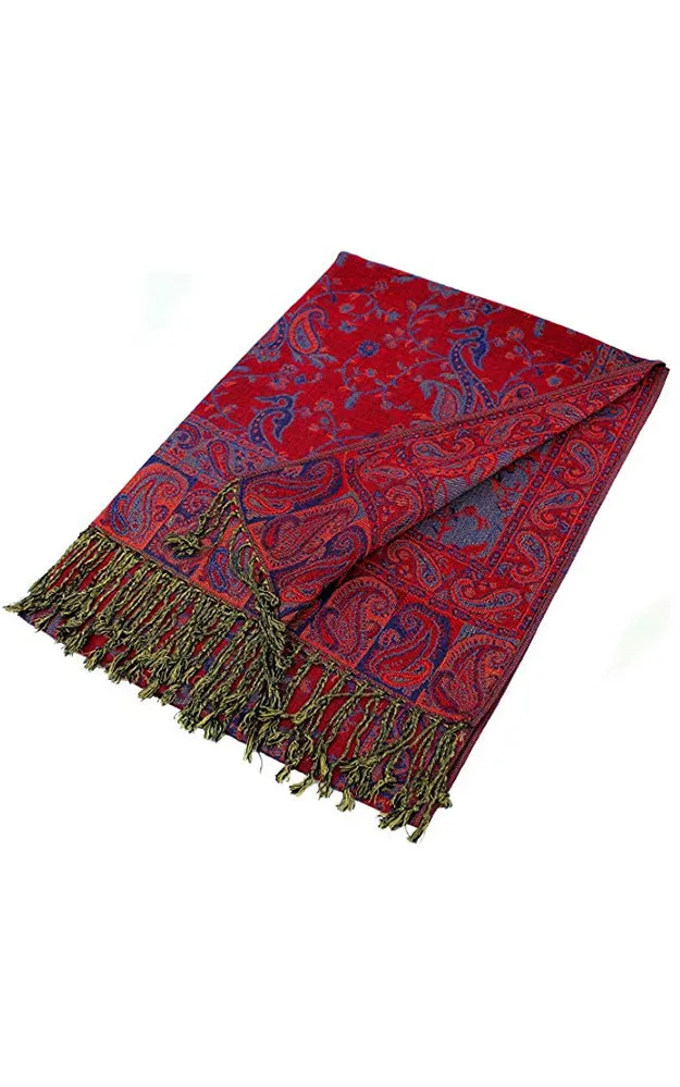 DB023-11 Red Blue Paisley Print Pashmina Scarf