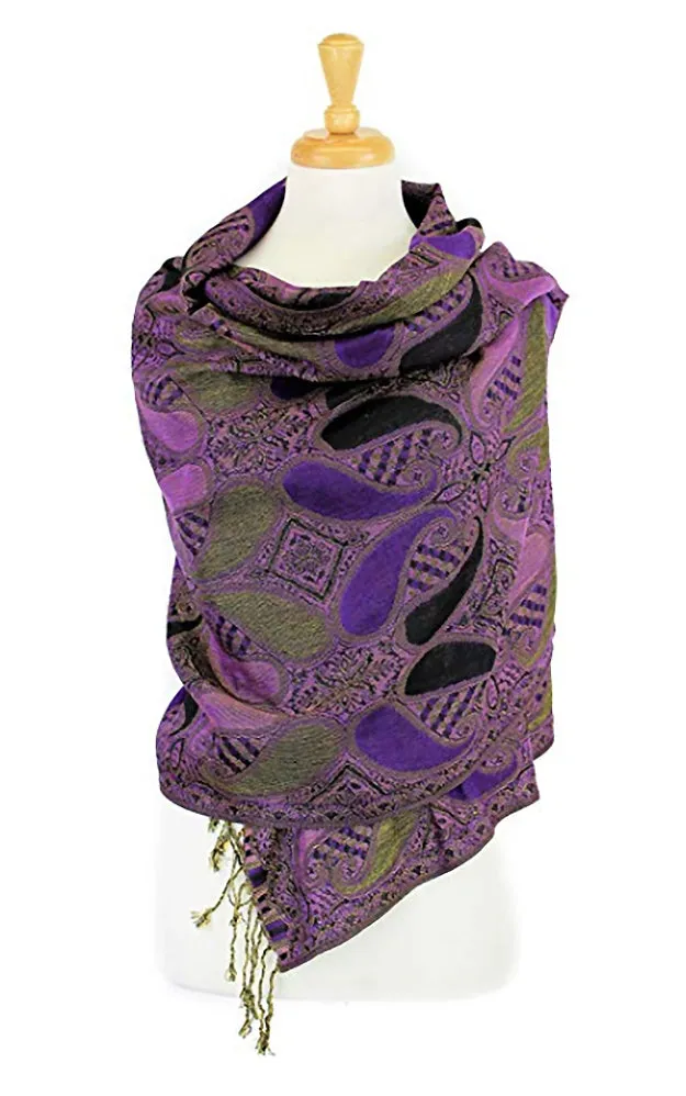 DBA18-19 Black & Purple Paisley Print Pashmina Scarf