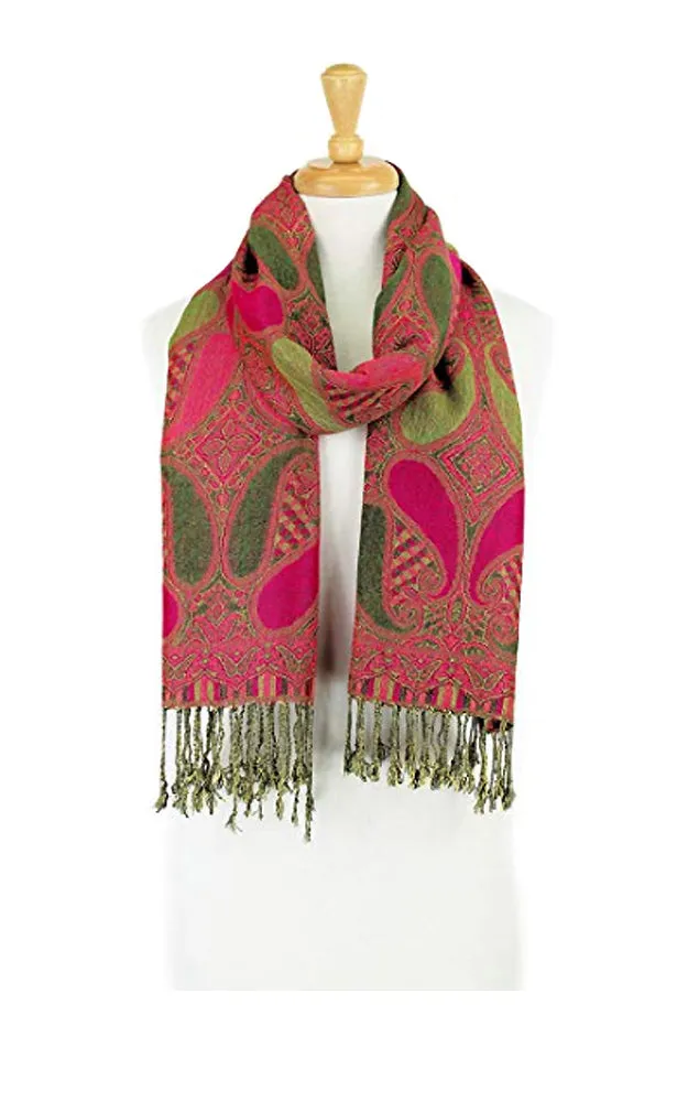 DBA18-20 Olive & Fuchsia Paisley Print Pashmina Scarf