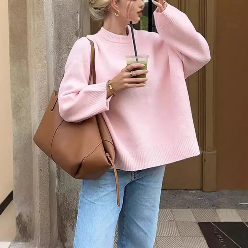 European And American Style Pink Crew Neck Pullover Sweater