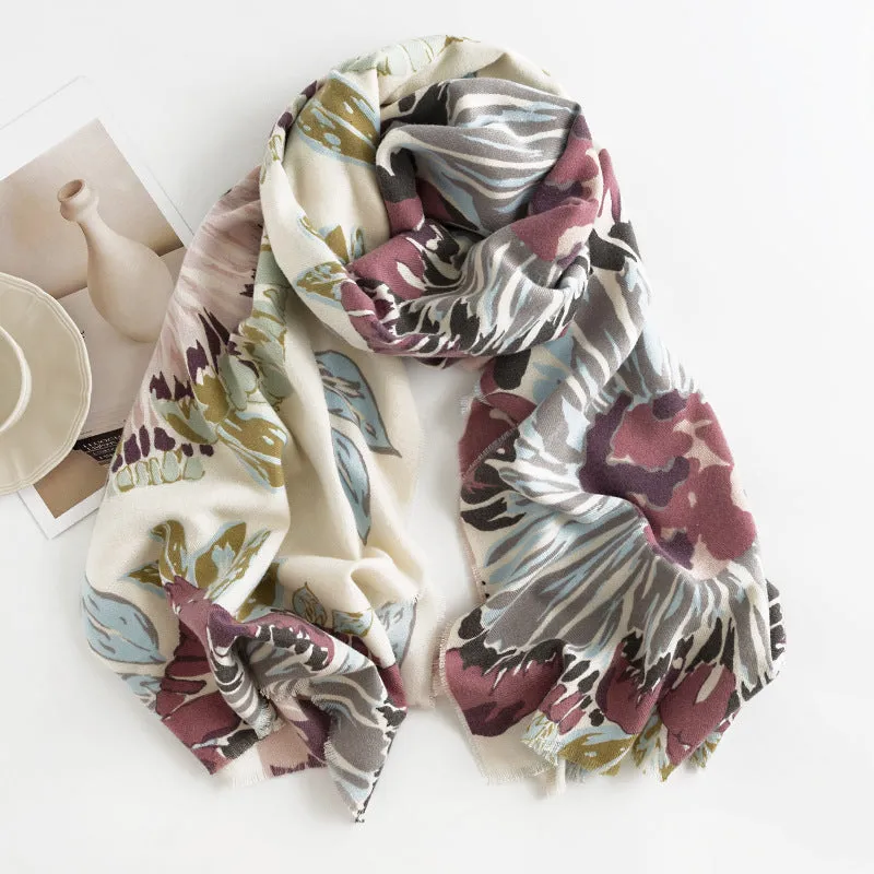 FH23-5113 plants flowers printed winter scarf