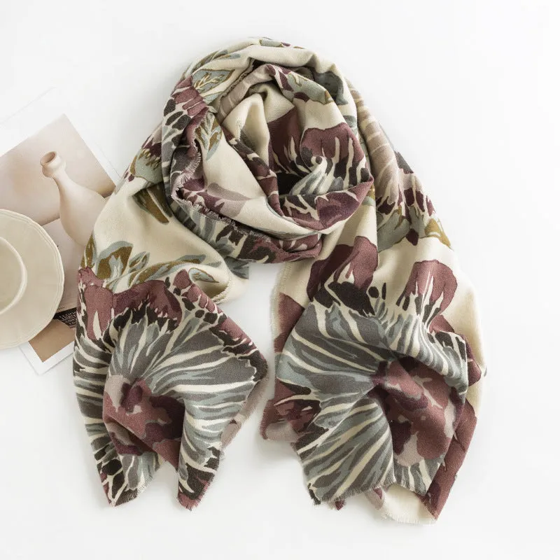 FH23-5113 plants flowers printed winter scarf