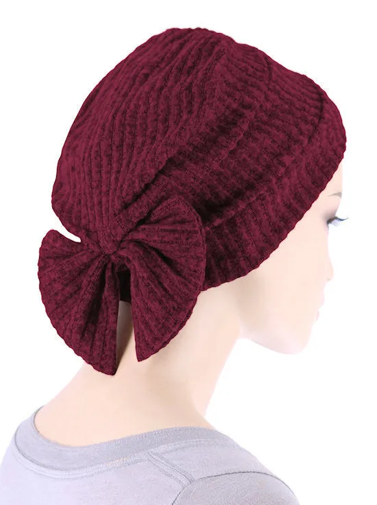 H150-BURGUNDYRIBBED#Winter Cloche Bow Hat Burgundy Ribbed