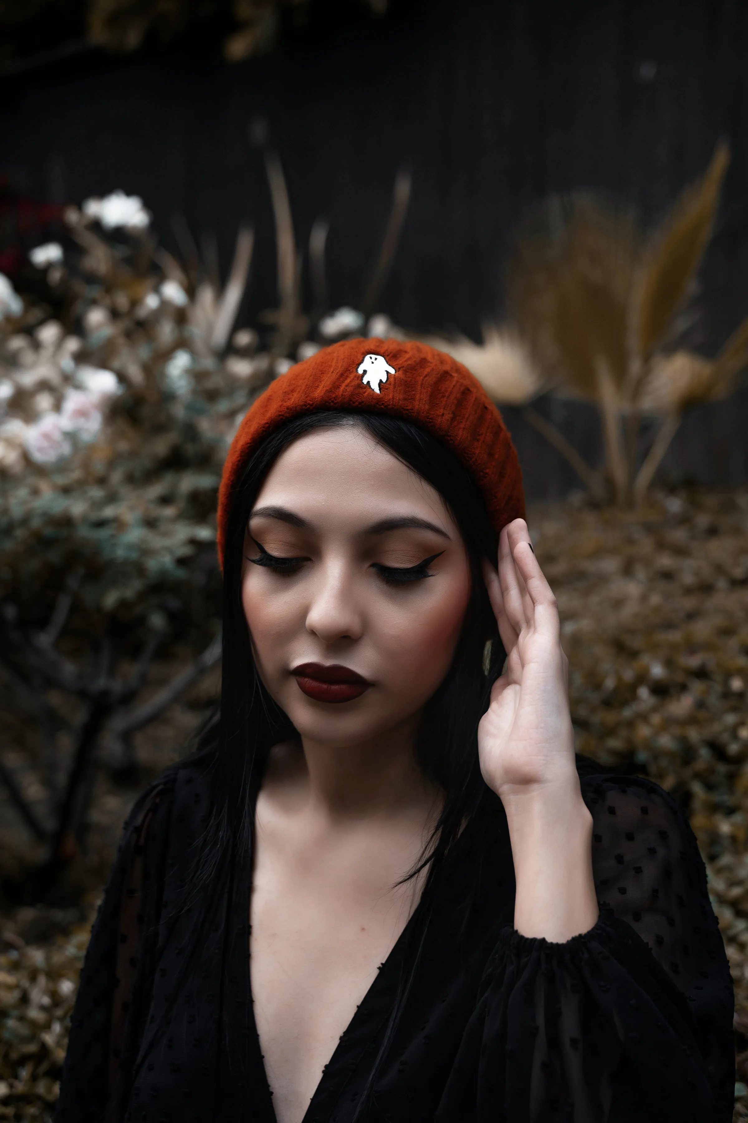 Halloween Orange | Ghostie Embroidered & Reversible Knit Beanie