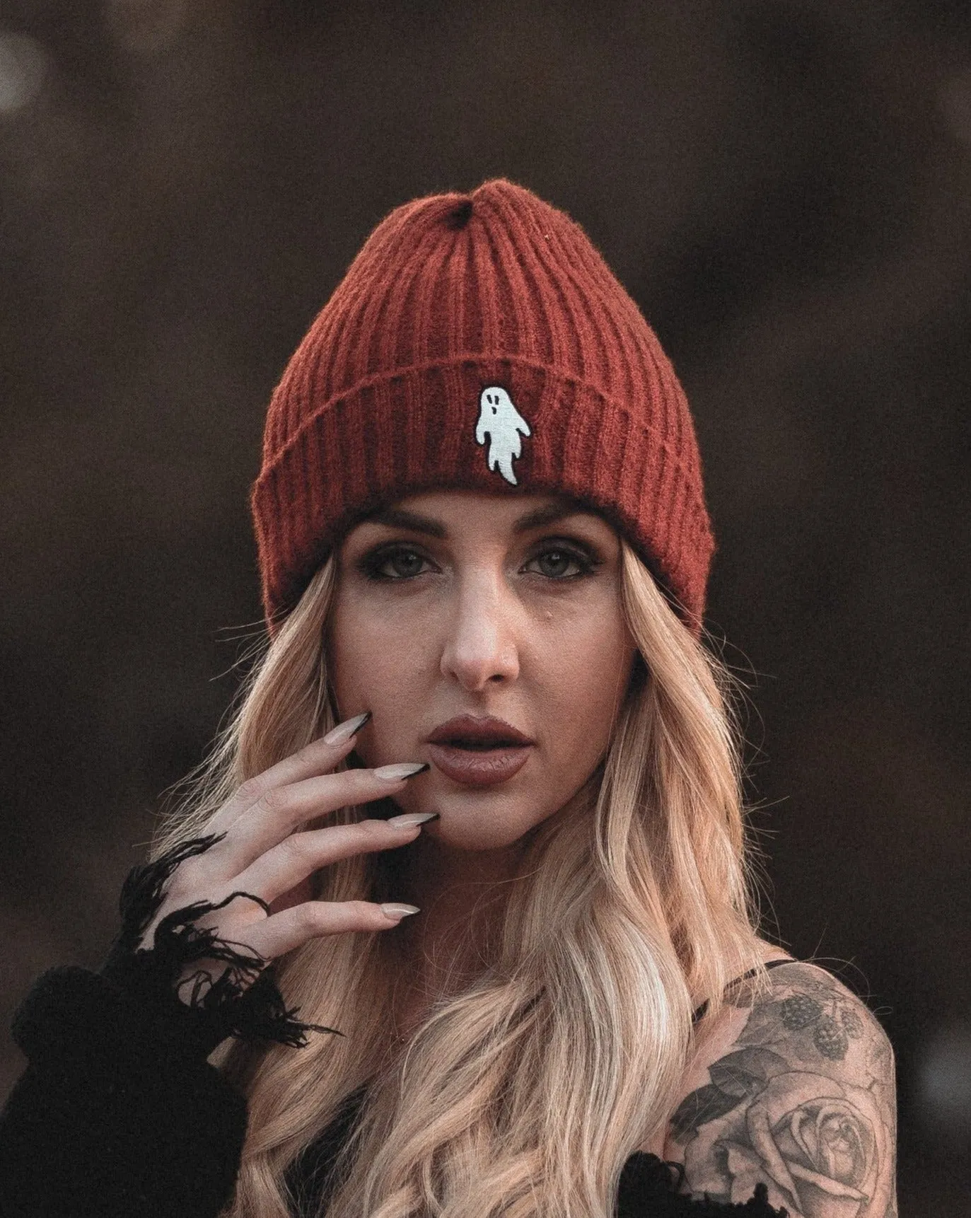 Halloween Orange | Ghostie Embroidered & Reversible Knit Beanie