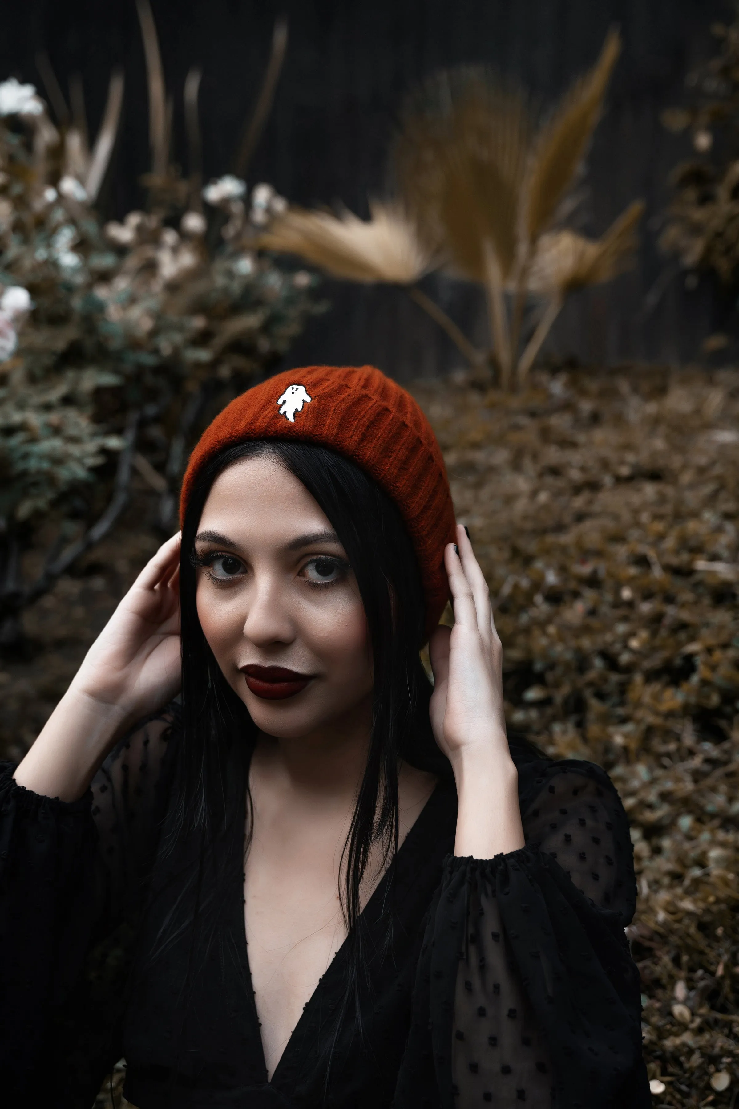 Halloween Orange | Ghostie Embroidered & Reversible Knit Beanie