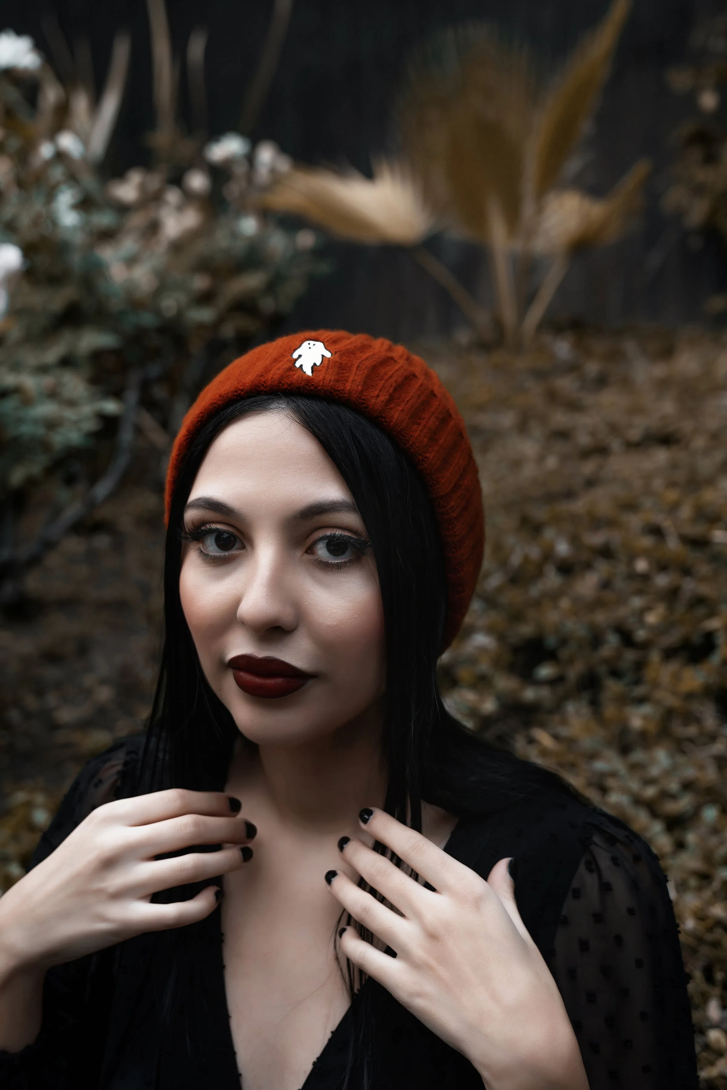 Halloween Orange | Ghostie Embroidered & Reversible Knit Beanie