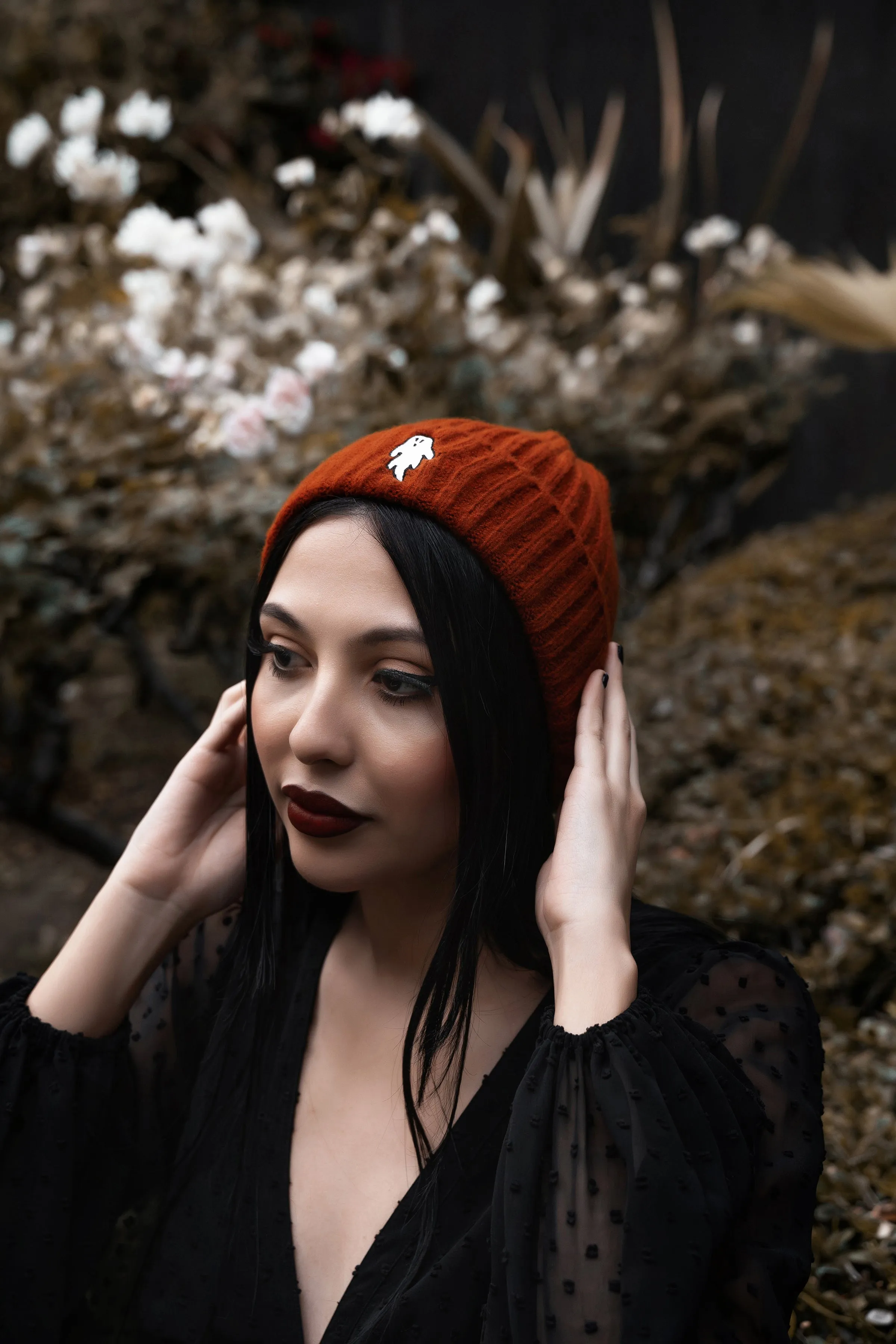 Halloween Orange | Ghostie Embroidered & Reversible Knit Beanie