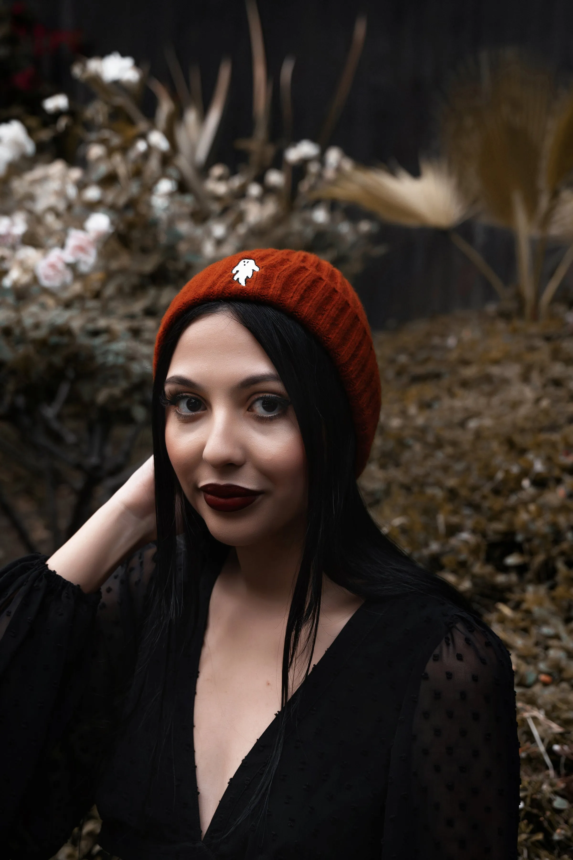 Halloween Orange | Ghostie Embroidered & Reversible Knit Beanie