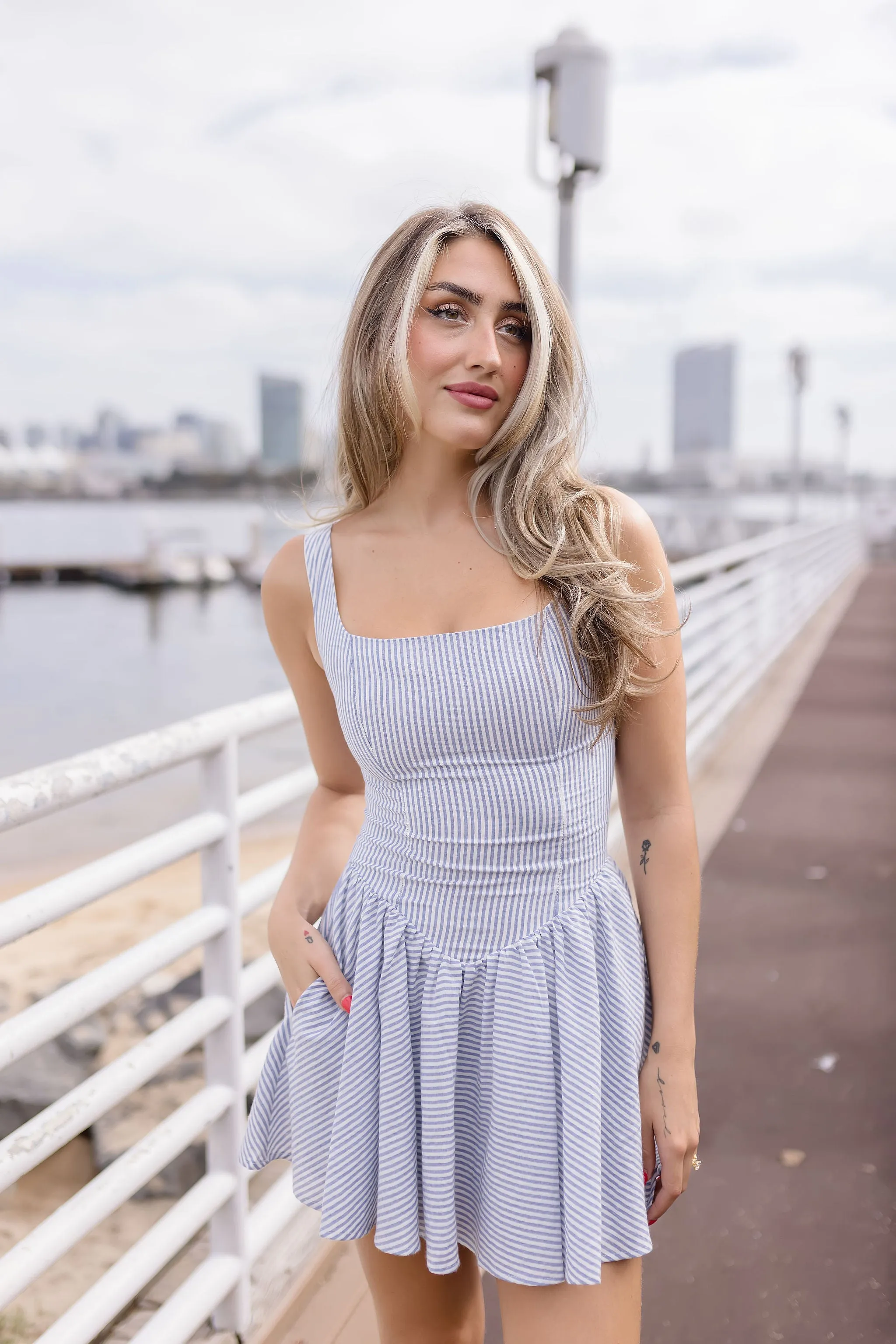 Isadora Sleeveless Stripe Print Flare Mini Dress Blue