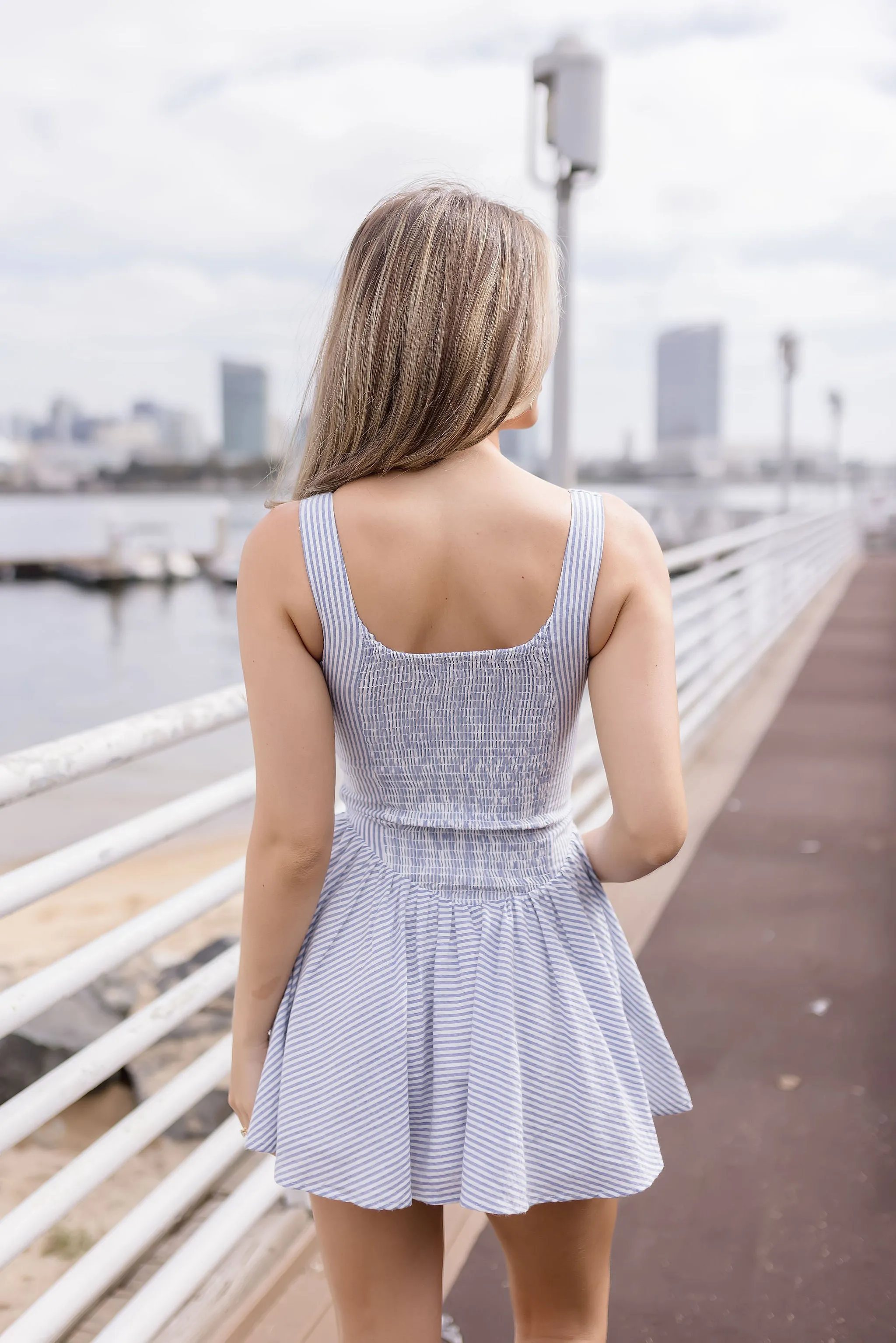 Isadora Sleeveless Stripe Print Flare Mini Dress Blue