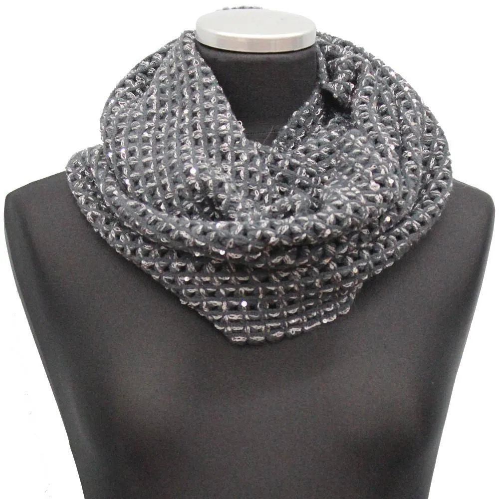 Open Crochet Infinity Muffler w/ Sequins-Charcoal