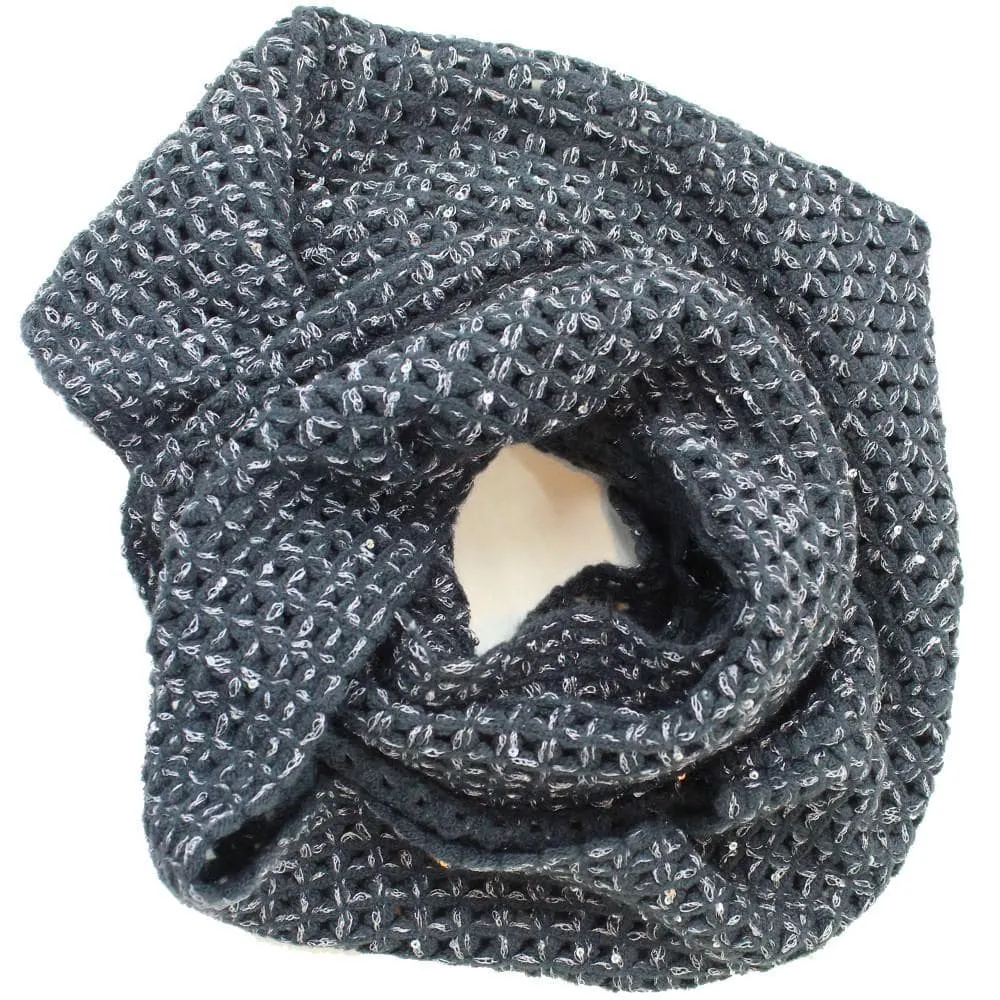 Open Crochet Infinity Muffler w/ Sequins-Charcoal