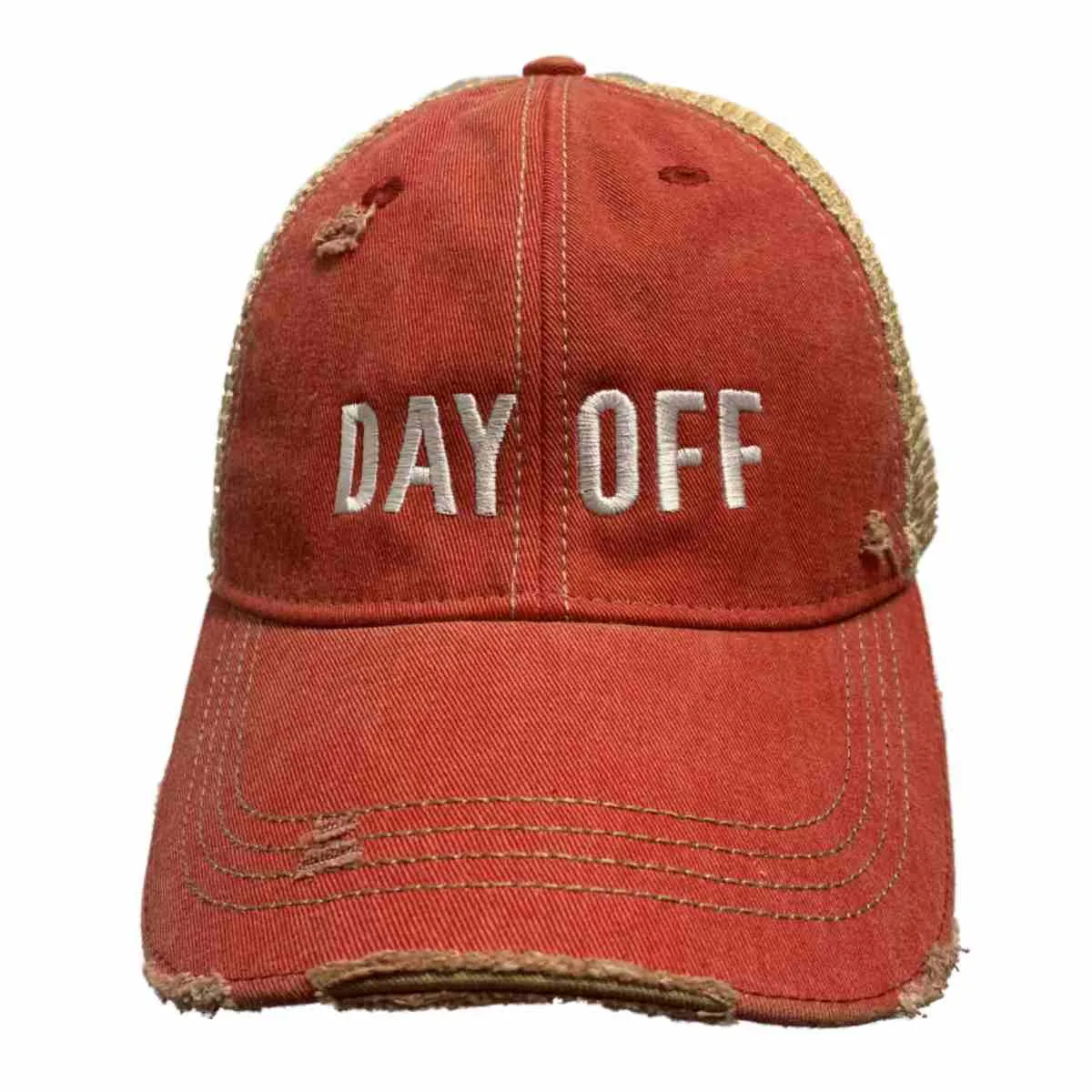 "Day Off" Original Retro Brand Red Distressed Tattered Mesh Snapback Hat Cap