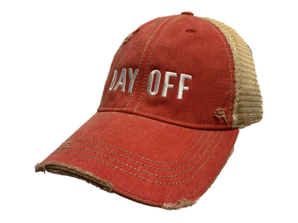 "Day Off" Original Retro Brand Red Distressed Tattered Mesh Snapback Hat Cap