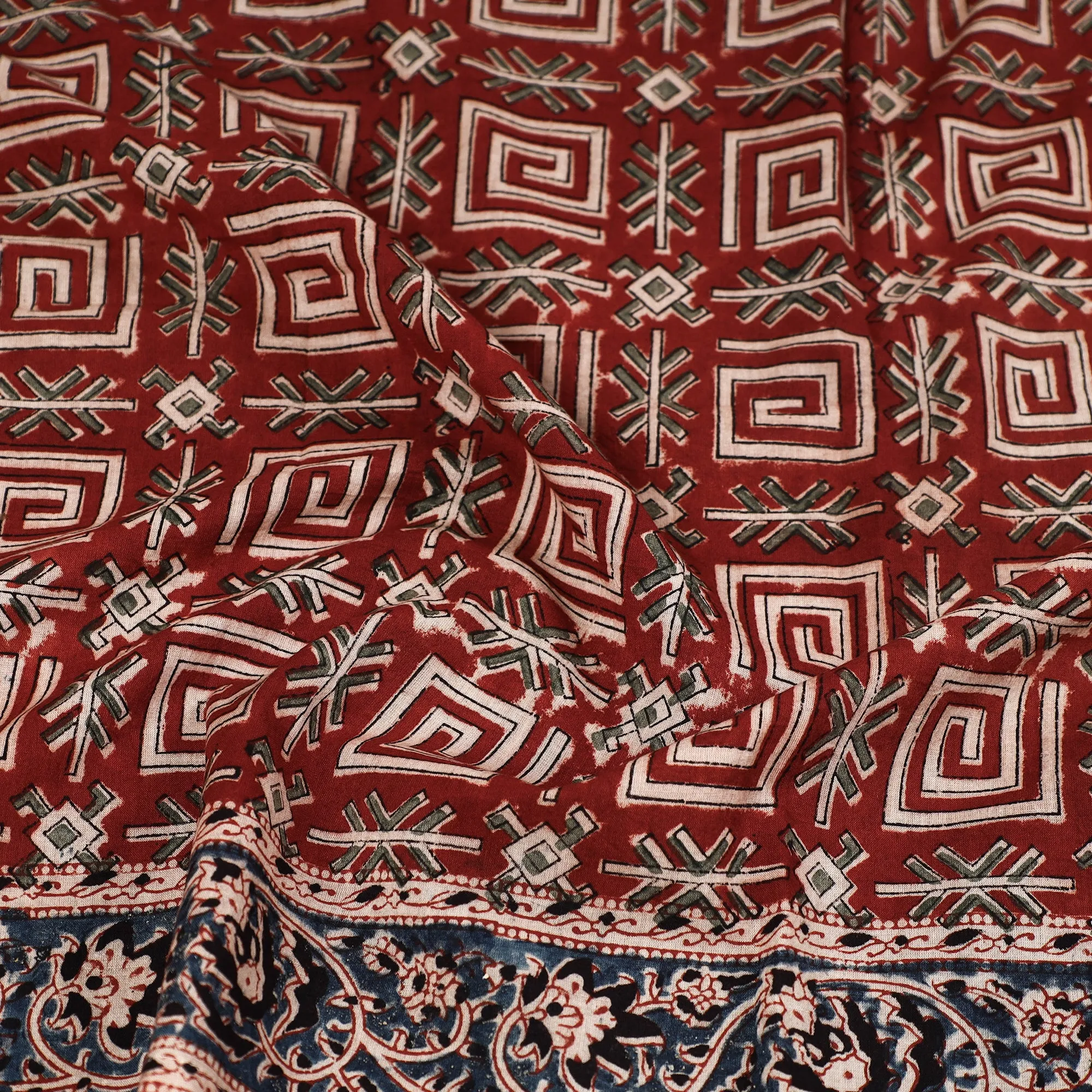 Red - Pedana Kalamkari Block Printed Natural Dyed Cotton Scarf 58