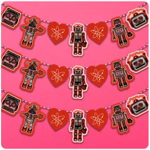 Retro Inspired Valentine's Day Space Robots Cutout Banner Decoration