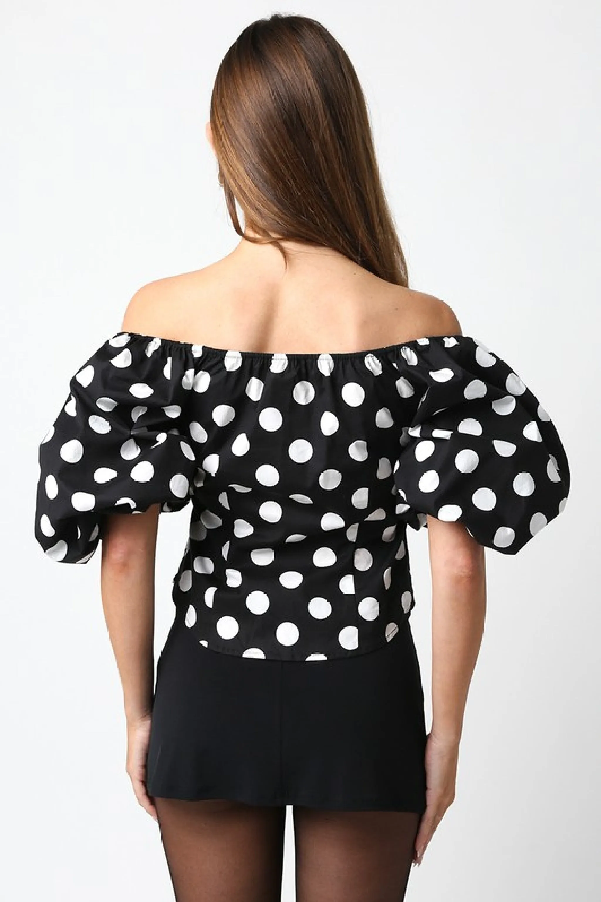 Shaina Off The Shoulder Puff Sleeve Polka Dot Print Top Black