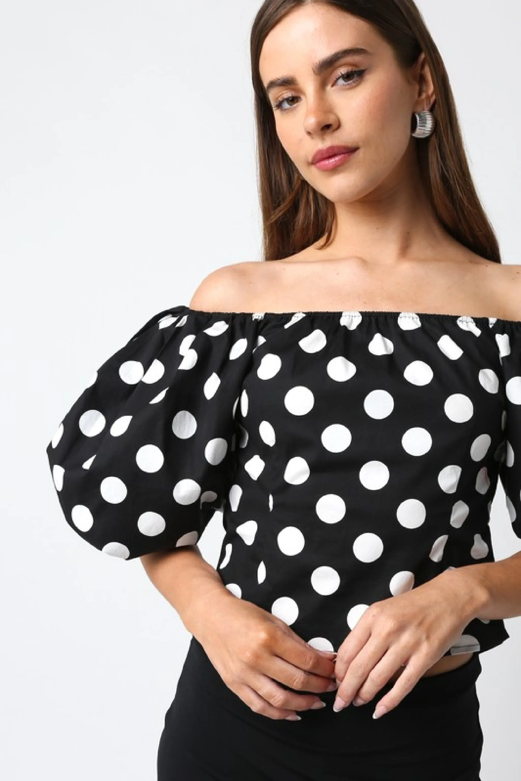 Shaina Off The Shoulder Puff Sleeve Polka Dot Print Top Black