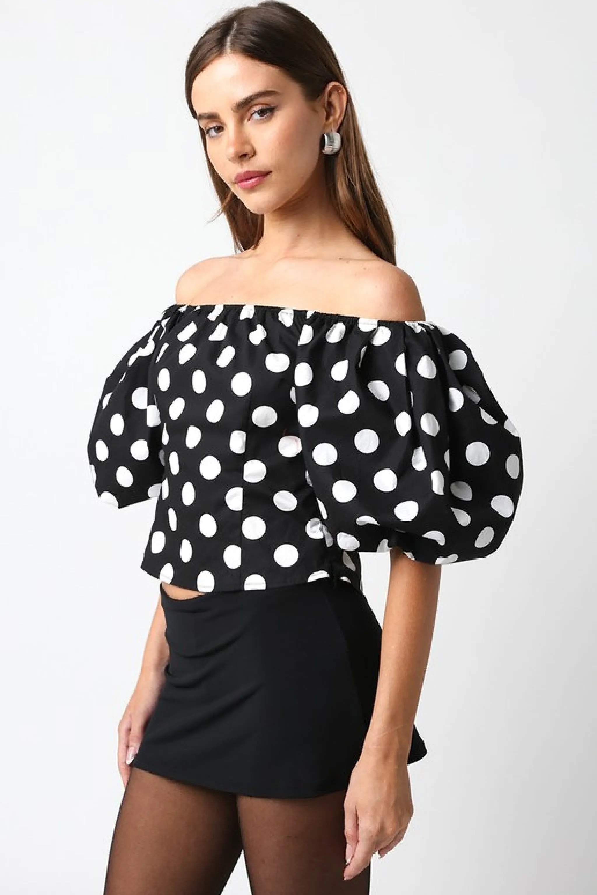 Shaina Off The Shoulder Puff Sleeve Polka Dot Print Top Black