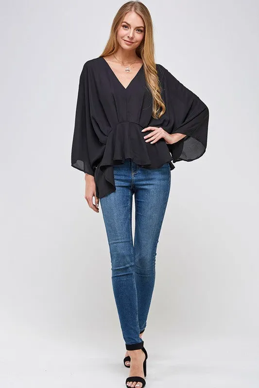 V-Neck 3/4 Sleeve Peplum Blouse in Black