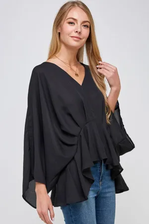 V-Neck 3/4 Sleeve Peplum Blouse in Black