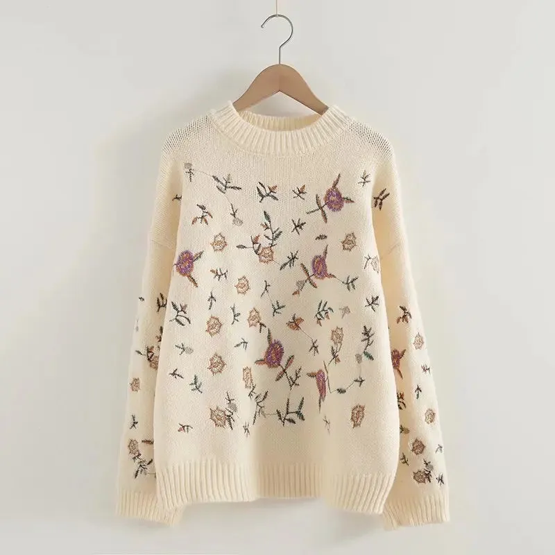 Winter Retro Embroidered Long Sleeve Crew Neck Pullover Sweater