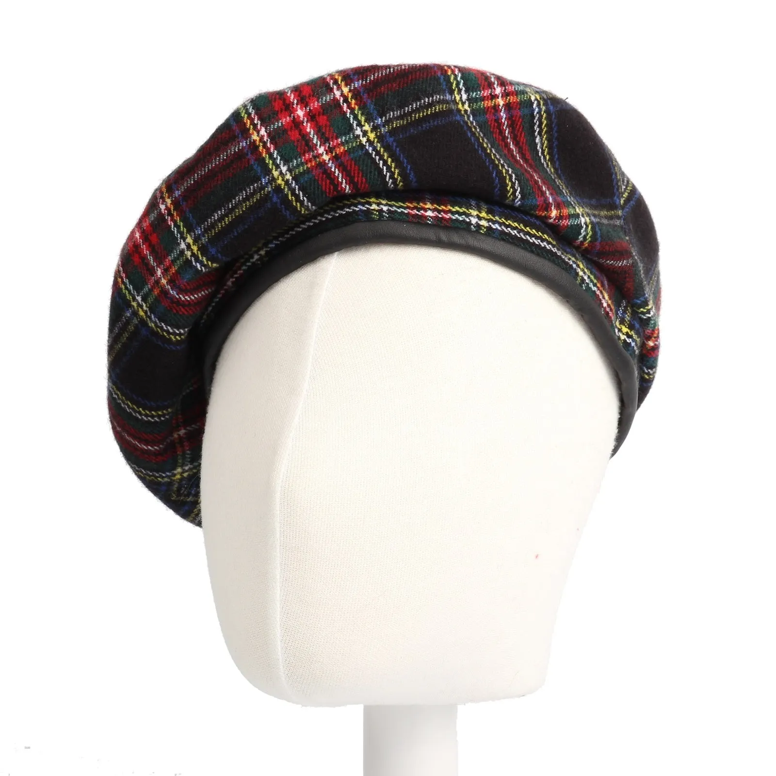 Wool Beret Hat Tartan Check Leather Sweatband KR9539